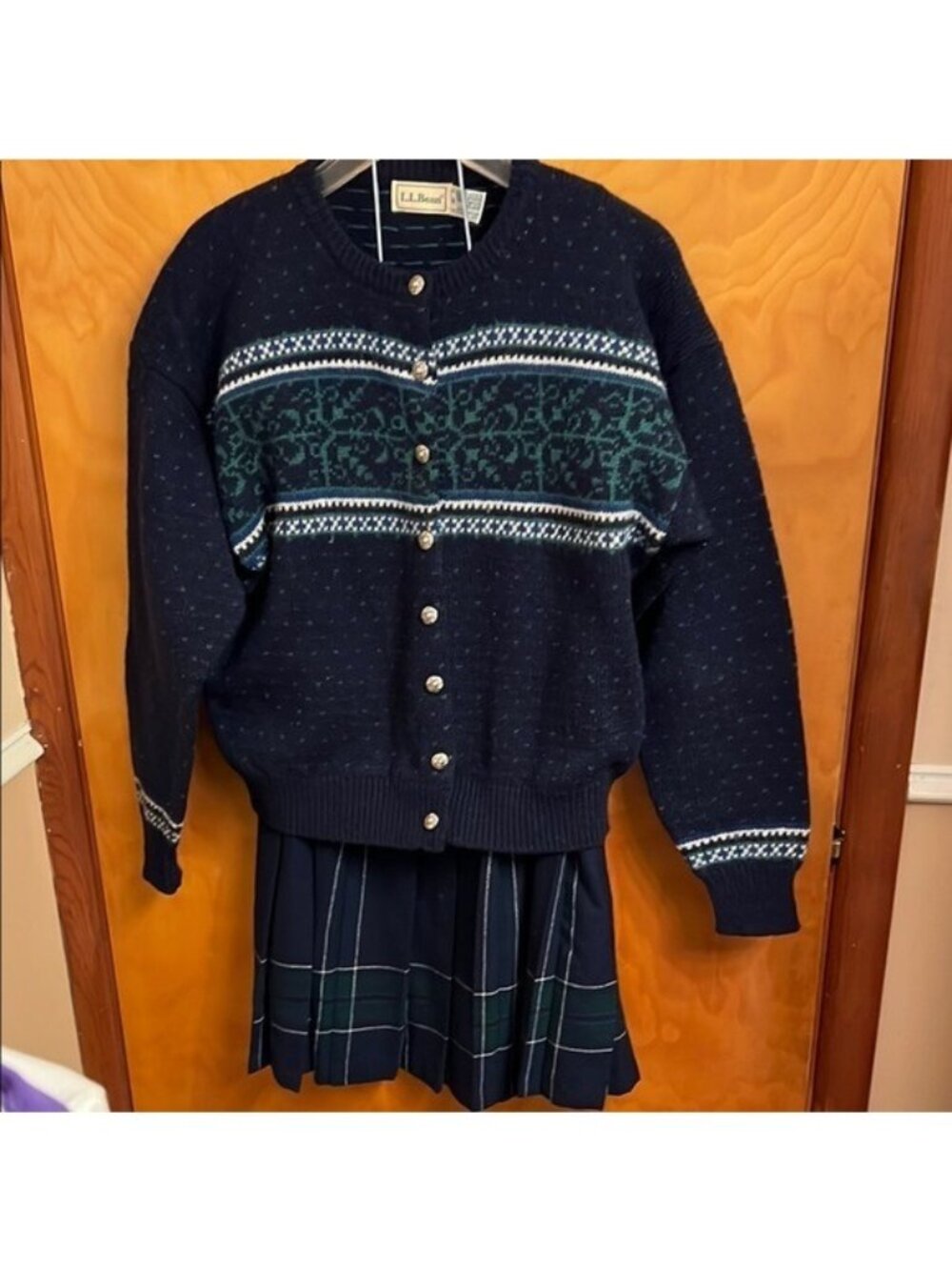 VINTAGE LL Bean 100% Wool Fair Isle Cardigan & Skirt Set Med/8 Petite Preppy